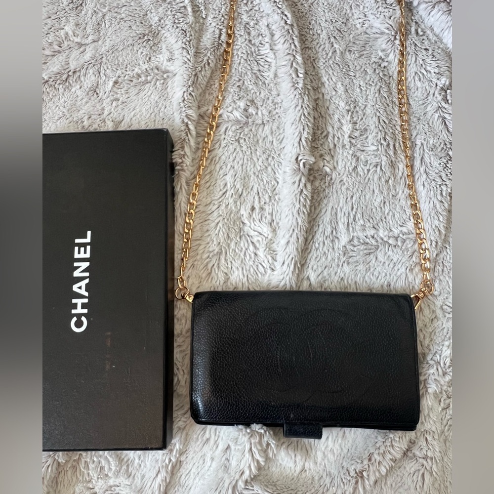 Chanel Black Leather Clutch with Gold Chain